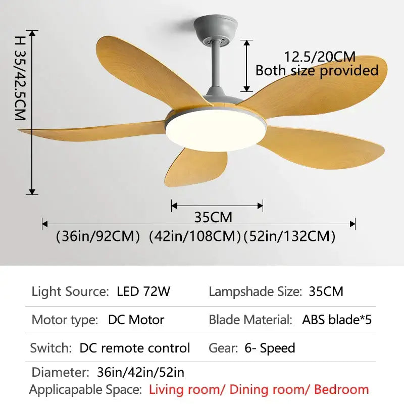 Modern black dc ceiling fan light with five light brown abs wood blades and gray motor housing for bedroom use