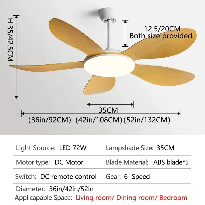 Modern black dc ceiling fan light with five light-brown wooden blades and integrated led lamp for bedroom use