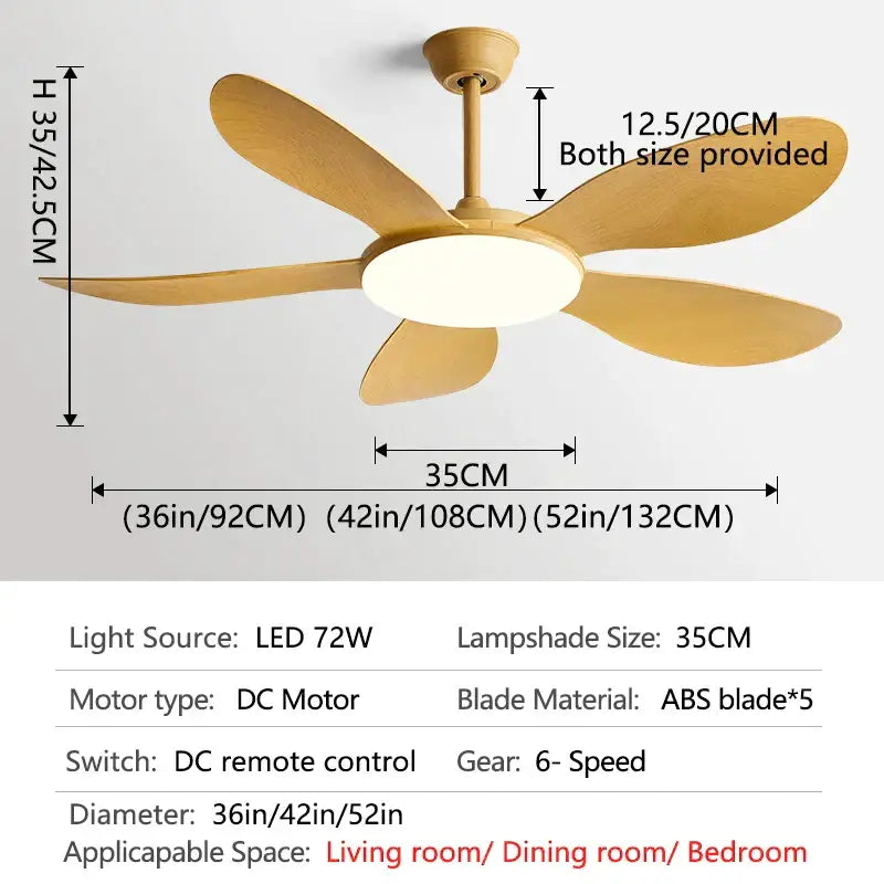 A modern black dc ceiling fan light with five light wood abs plastic blades and a circular led lampshade for bedroom