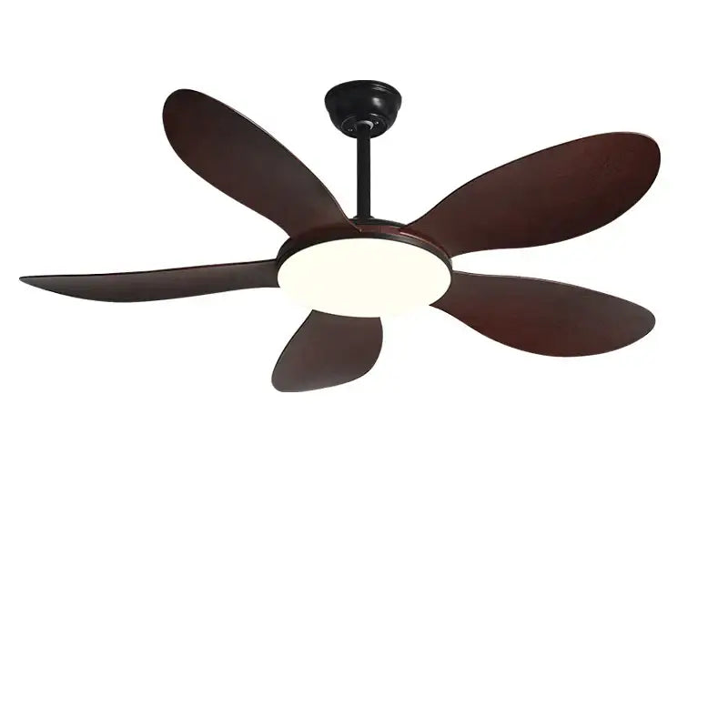 A modern black dc ceiling fan light with five dark brown wood blades designed for bedroom use