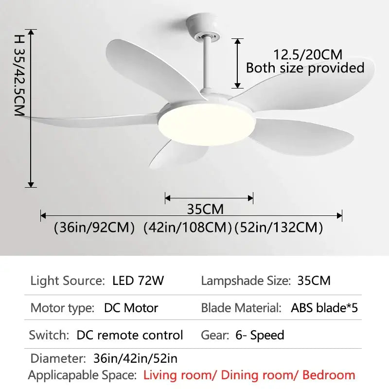 White ceiling fan with five abs blades and integrated led light for modern black dc ceiling fan light in bedroom