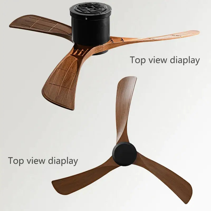 Modern black dc motor ceiling fan with three wooden blades and remote control for dining room use
