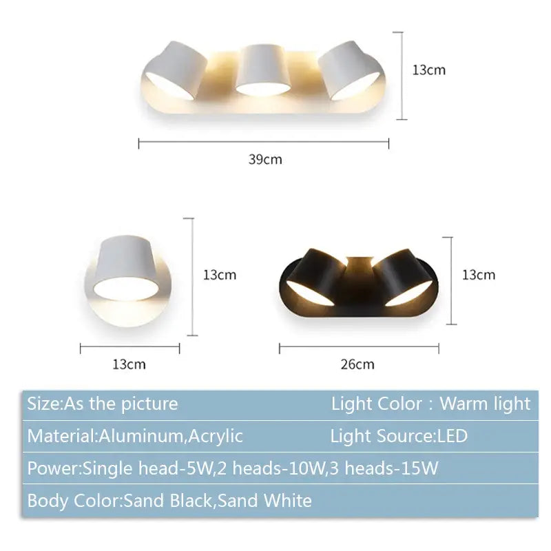Modern black decorbites adjustable led wall lamp with three heads in aluminum and acrylic for bedroom sconce lighting
