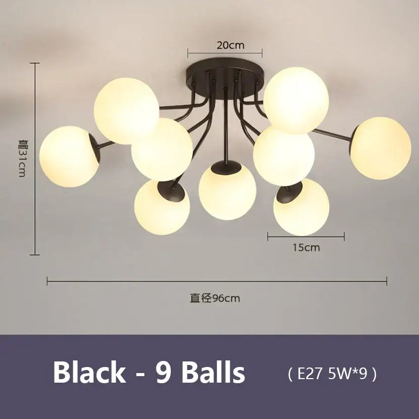 Modern black ceiling light with nine glowing spherical bulbs featuring decorbites bubble glass led design for living rooms