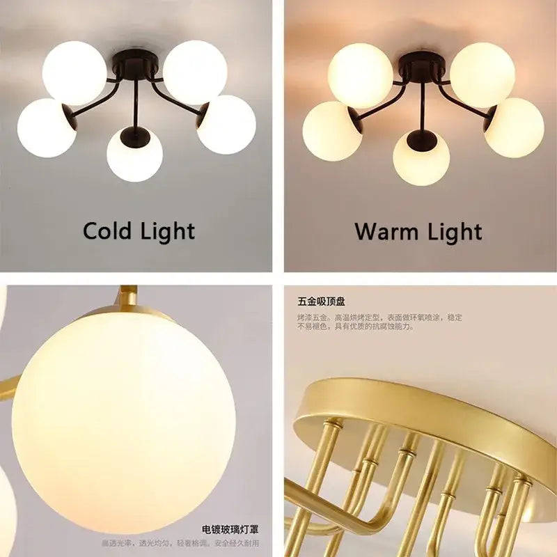 Modern black decorbites bubble glass led ceiling light with five frosted globes and cold warm light settings for living room