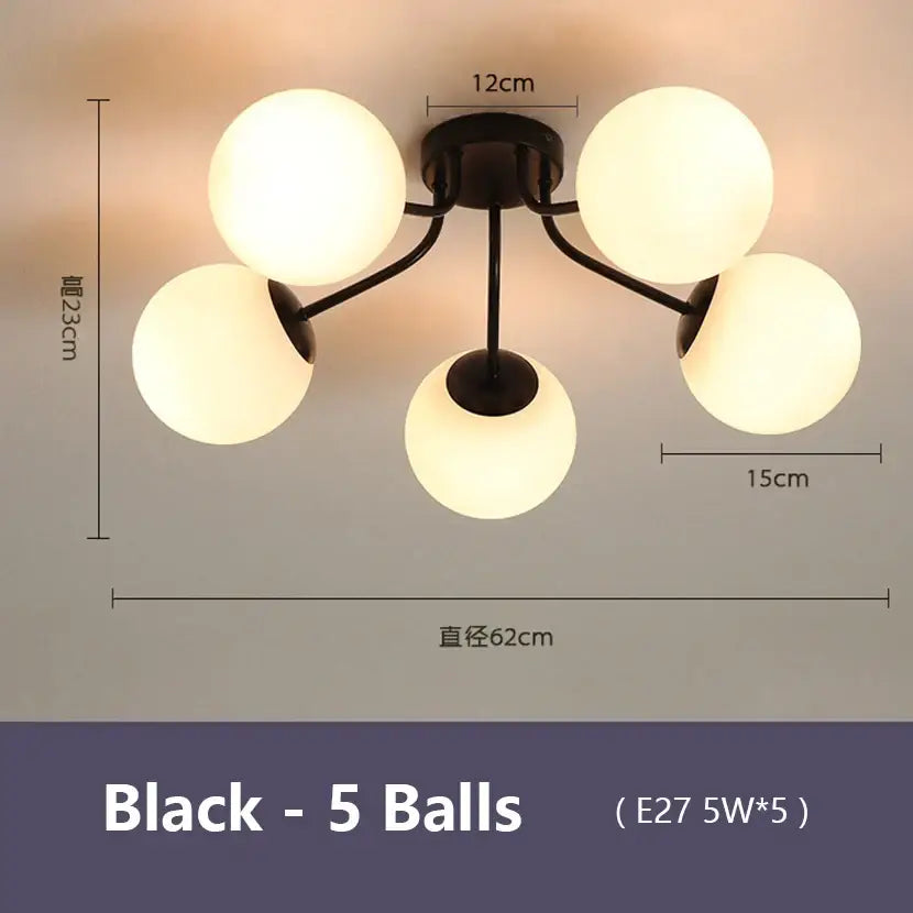 Modern black decorbites bubble glass led ceiling light with five frosted glass globes for living room illumination