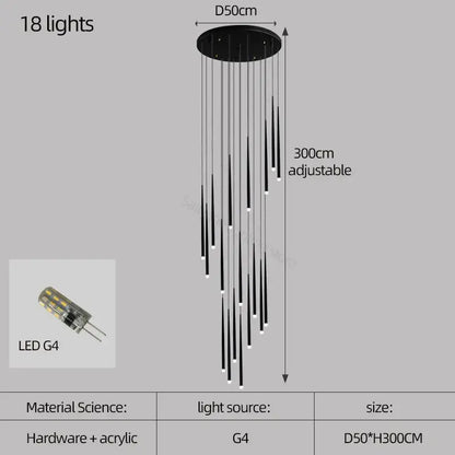 Modern black decorbites conical chandelier stair lamp with 18 hanging led g4 bulbs suspended from circular base