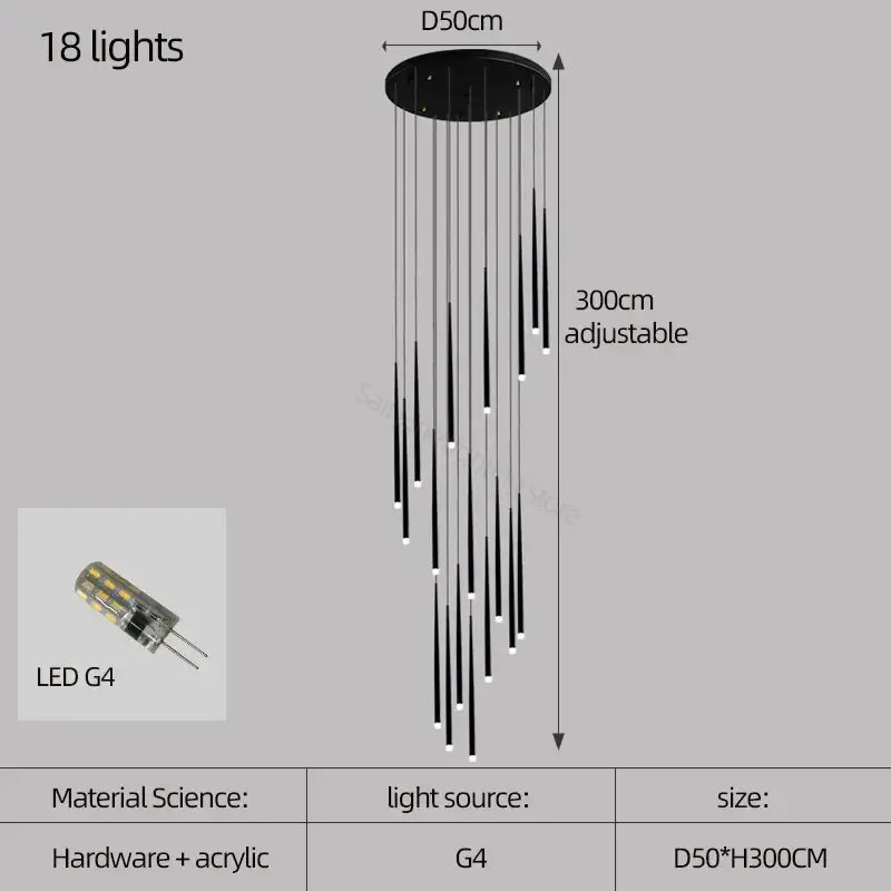 Modern black decorbites conical chandelier stair lamp with 18 hanging led g4 bulbs suspended from circular base