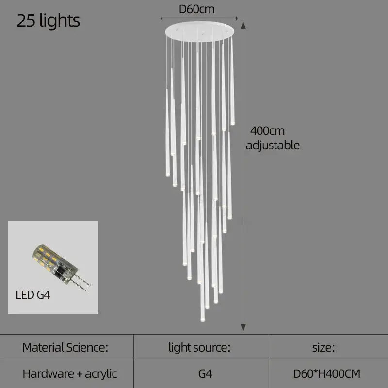 White acrylic decorbites conical chandelier with 25 led g4 lights adjustable to 400cm height for stair or kitchen lighting