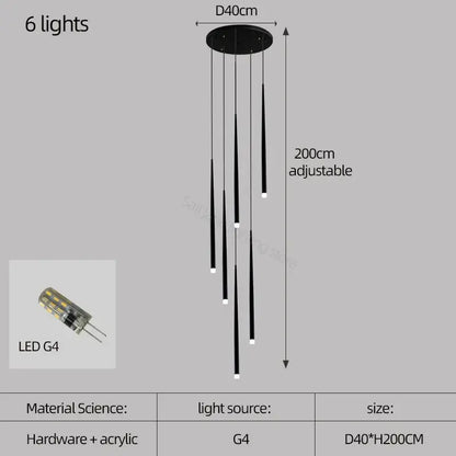 Modern black decorbites conical chandelier stair lamp with six adjustable led g4 bulbs suspended from circular base