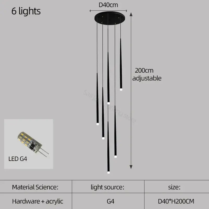 Modern black decorbites conical chandelier stair lamp with six adjustable led g4 bulbs suspended from circular base