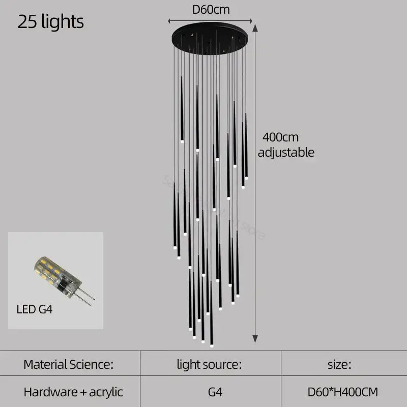 Modern black decorbites conical chandelier stair lamp with 25 led g4 lights suspended from circular base
