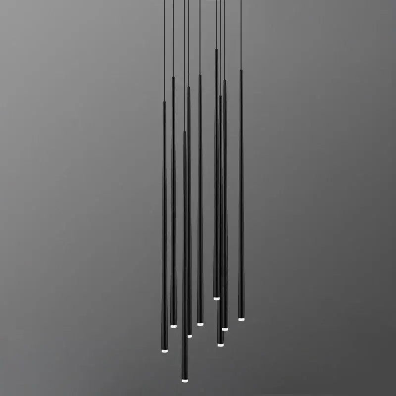 Modern black decorbites conical chandelier stair lamp with slender cylindrical rods and white-tipped ends for kitchen lighting