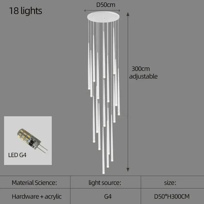 White modern decorbites conical chandelier with 18 led g4 bulbs and adjustable acrylic rods for chandelier stair lamp use
