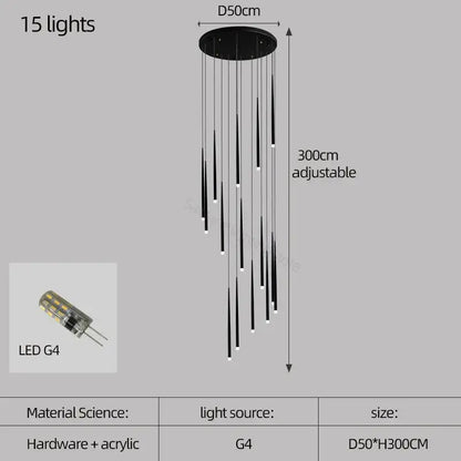 Black modern decorbites conical chandelier with 15 adjustable led g4 lights, ideal as a chandelier stair lamp