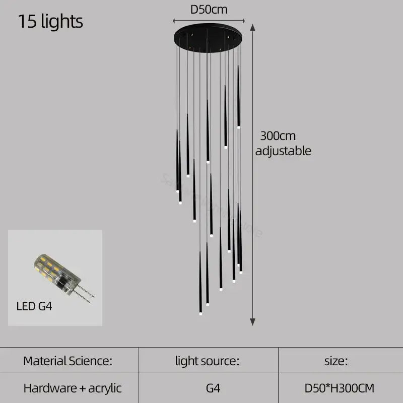 Black modern decorbites conical chandelier with 15 adjustable led g4 lights, ideal as a chandelier stair lamp