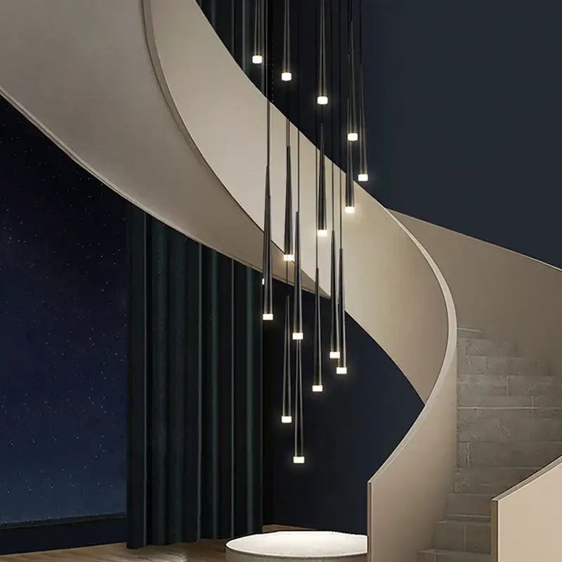 Modern black decorbites conical chandelier with slender rods and warm lights as a chandelier stair lamp for kitchen lighting
