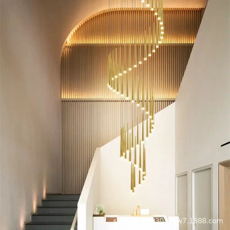 Modern black decorbites conical chandelier with slender vertical rods and embedded lights for stair or kitchen lighting