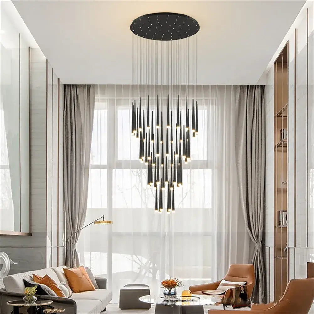 Modern black decorbites conical chandelier with circular ceiling fixture and cascading cylindrical rods for stair lighting