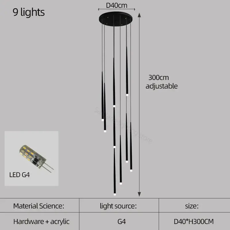Black modern decorbites conical chandelier with nine adjustable led g4 bulbs for stair and kitchen lighting