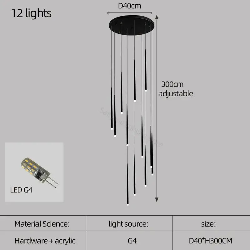Modern black decorbites conical chandelier stair lamp with 12 adjustable led g4 bulbs and circular base lighting