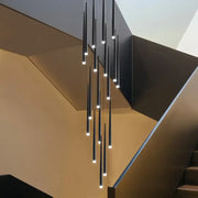 Modern black decorbites conical chandelier stair lamp with cylindrical LED tips in cascading arrangement for kitchen lighting