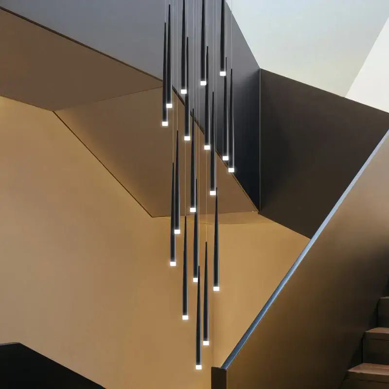 Modern black decorbites conical chandelier stair lamp with cylindrical LED tips in cascading arrangement for kitchen lighting