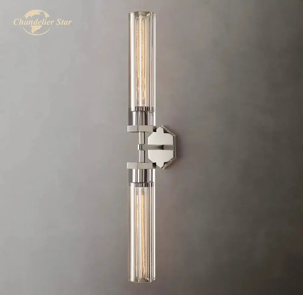 Modern black decorbites crystal hexagonal sconce with chrome finish and two vertical glass tubes for living room lighting