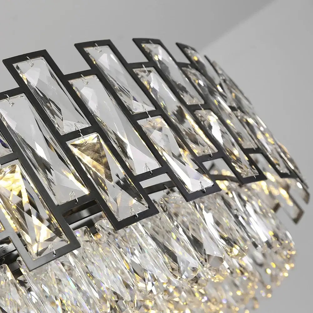 Modern black decorbites crystal led chandelier with black frame and faceted rectangular and teardrop-shaped crystals for dining room light