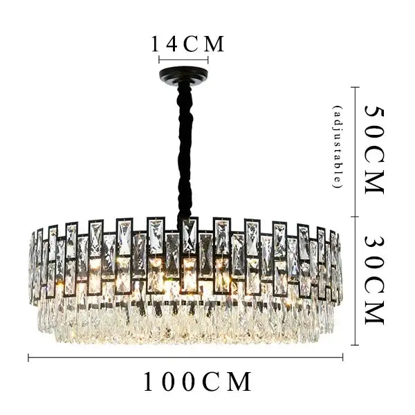 A modern black decorbites crystal led chandelier with clear rectangular crystals and adjustable height for dining rooms