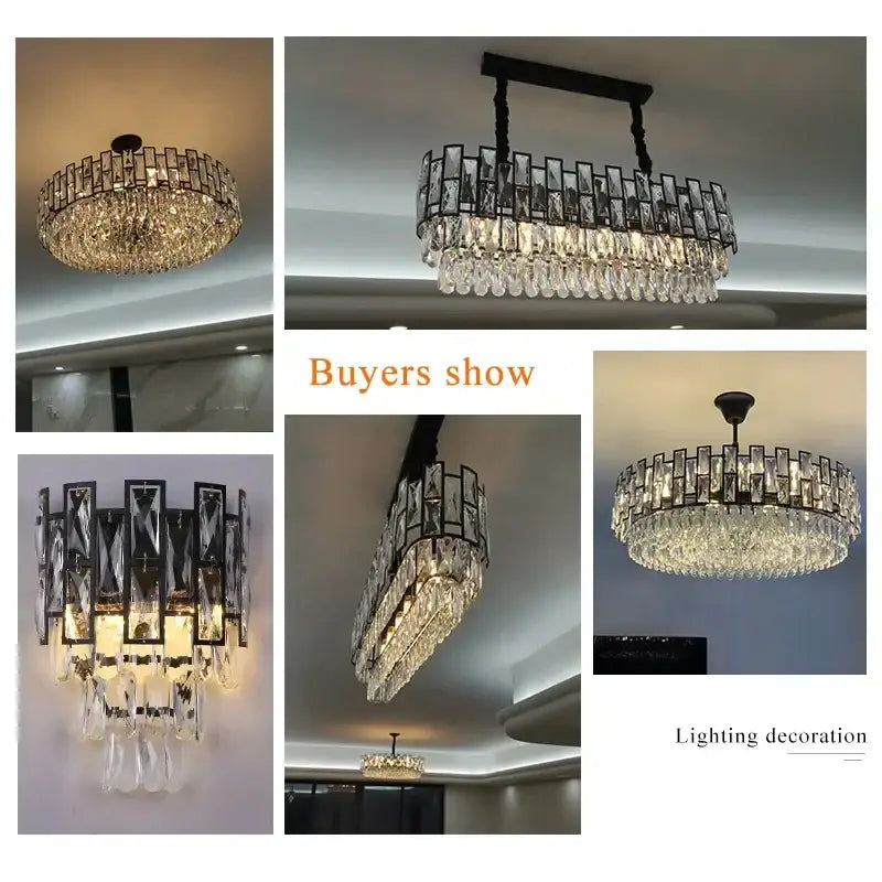 Modern black decorbites crystal led chandelier with elegant black metal frames and cascading clear glass prisms for dining room light