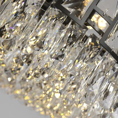 Modern black decorbites crystal led chandelier with black metal frame and cascading clear crystal teardrop pendants for dining room light