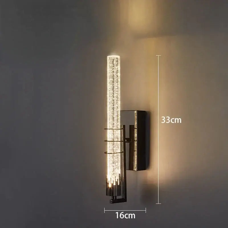 Modern black decorbites crystal wall light with clear textured glass and sleek metal bracket for bedroom LED sconce lighting