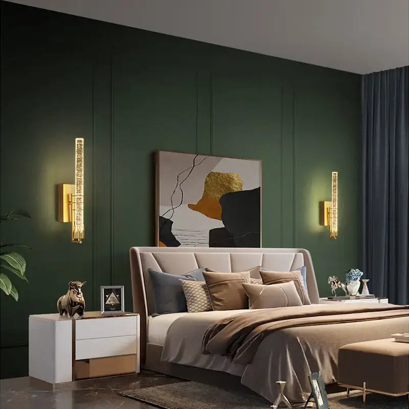 Gold-toned decorbites crystal wall light featuring textured crystal design for modern bedroom led sconce lighting