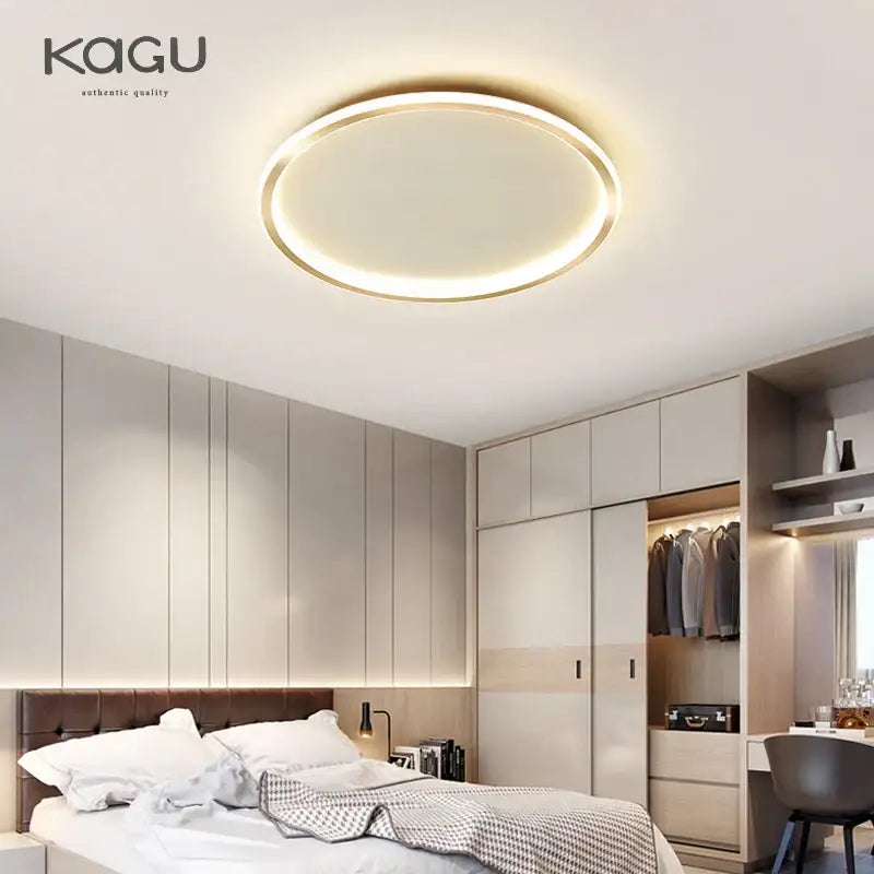 Modern black decorbites dimmable led ceiling light with warm glow, gold-toned frame, frosted glass center for living room