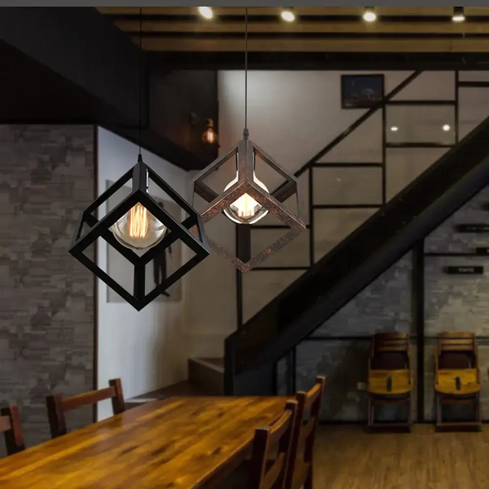 Modern black decorbites geometric led cube pendant kitchen light with industrial black metal frame and exposed filament bulbs
