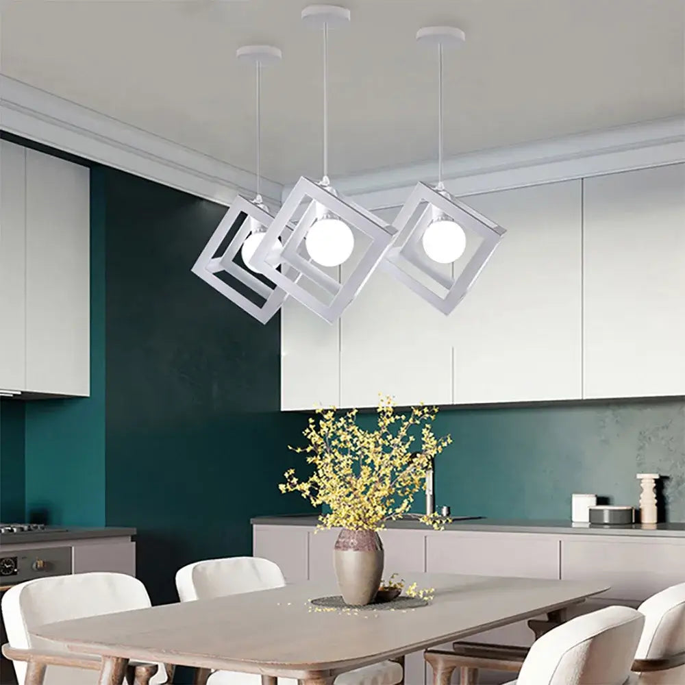 Modern black decorbites geometric led cube pendant kitchen light featuring white cube frames and spherical bulbs