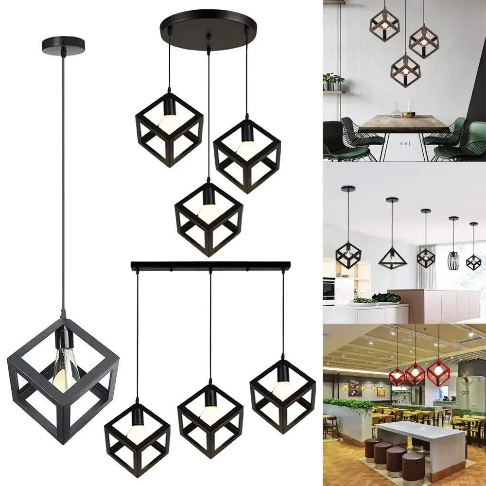 Modern black decorbites geometric led cube pendant kitchen light with exposed bulb fixtures and metal frame design