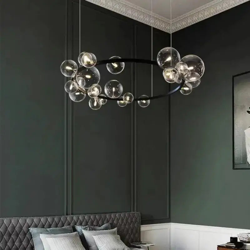 Modern black decorbites glass ball g9 led chandelier with clear globe bulbs in a circular cluster for dining room