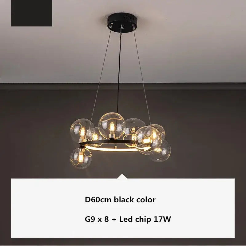 Modern black decorbites glass ball g9 led chandelier with eight clear glass globe bulbs and circular metal frame for dining room