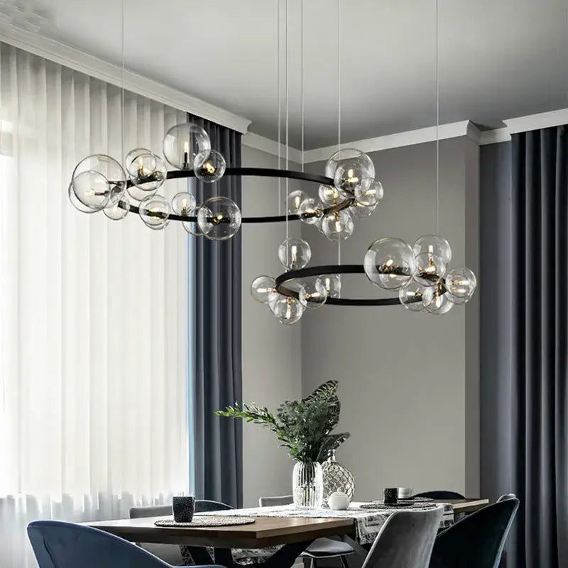 Modern black decorbites glass ball g9 led chandelier with clear glass globe bulbs in concentric circular patterns for dining room