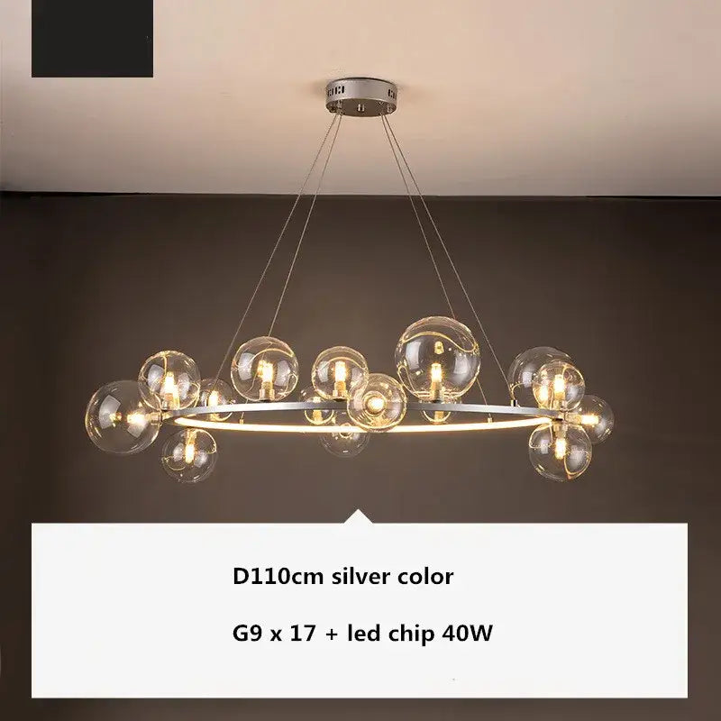Modern black decorbites glass ball g9 led chandelier with silver circular frame and clear glass globe bulbs for dining room