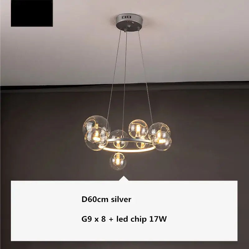 Silver modern decorbites glass ball chandelier with circular frame and eight clear glass ball g9 led shades for dining room