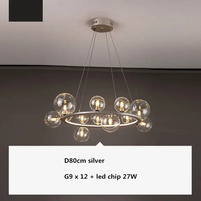 Silver modern decorbites glass ball chandelier with twelve clear glass globe ball g9 led bulbs in circular design for dining room