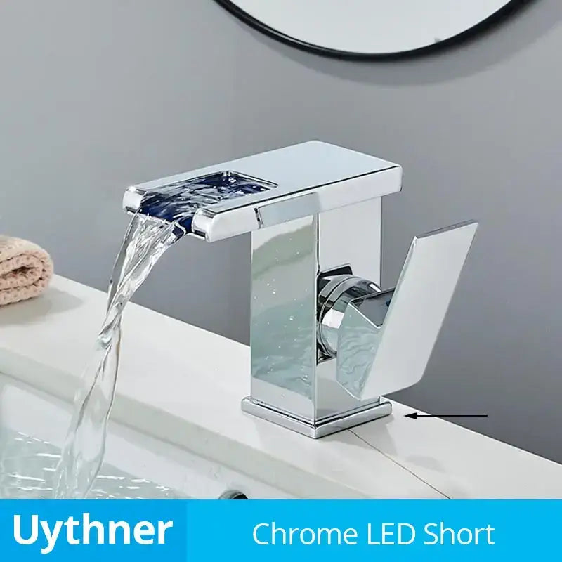Modern black decorbites led waterfall bathroom sink faucet with chrome finish rectangular design and waterfall spout