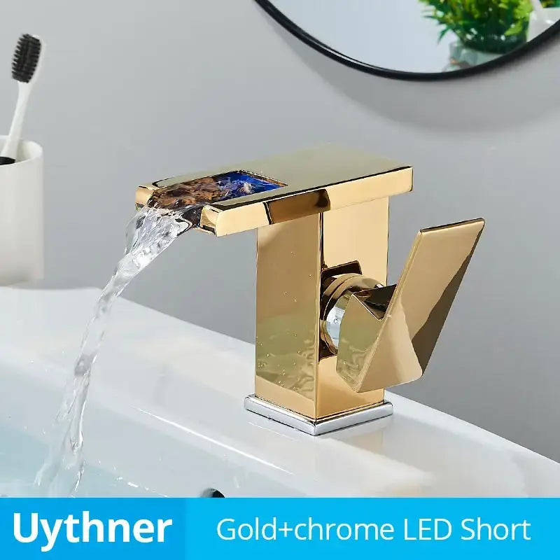 Modern black decorbites led waterfall bathroom sink faucet in gold and chrome with waterfall spout and blue led light
