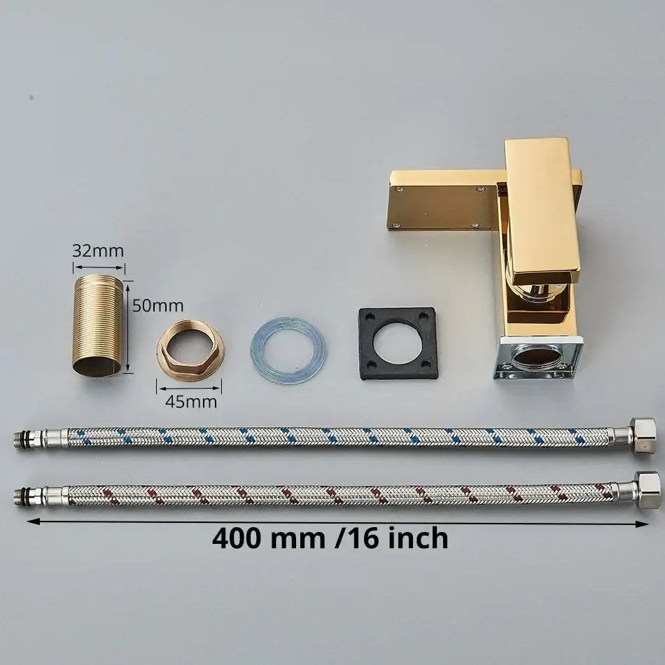 Gold-finished modern sink faucet with sleek rectangular design and chrome accents for decorbites led waterfall bathroom use