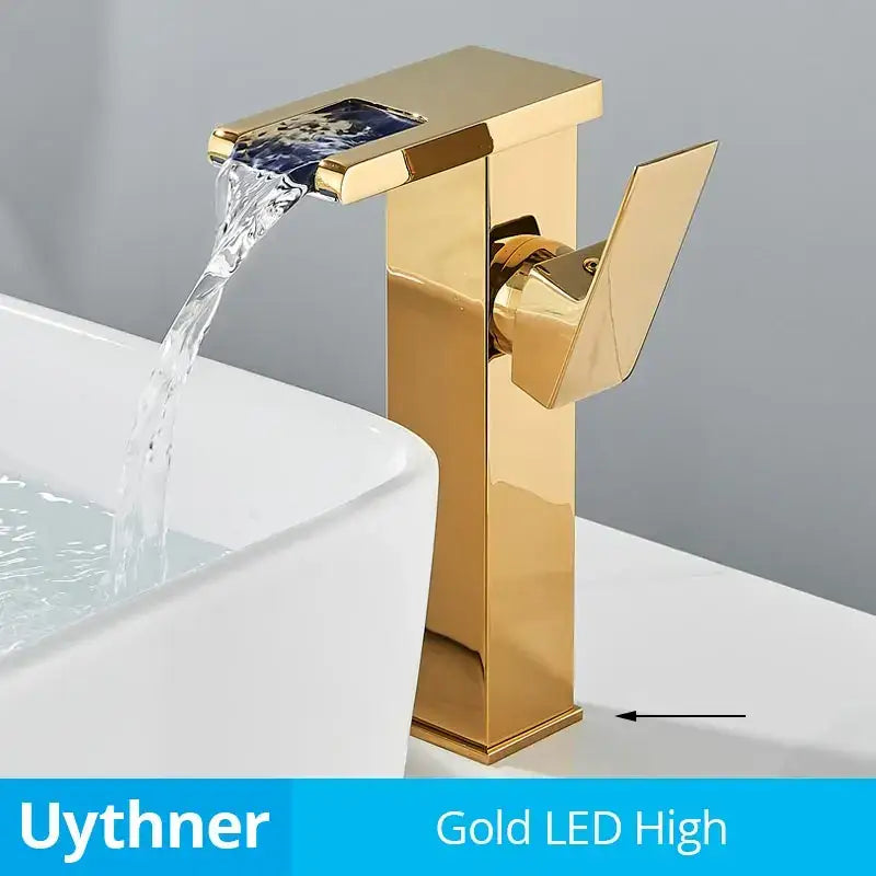Gold-finished decorbites led waterfall bathroom sink faucet with sleek modern design and integrated led light feature