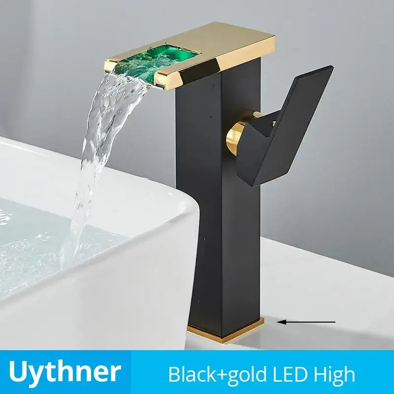 Modern black decorbites led waterfall bathroom sink faucet with black and gold finish and green led accent light