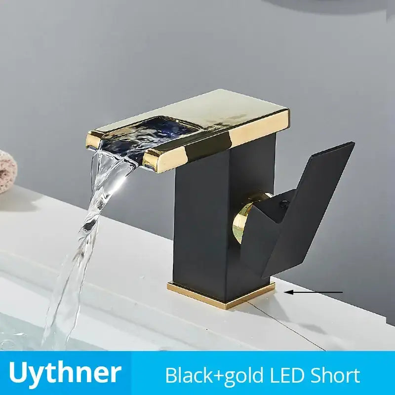 Modern black decorbites led waterfall bathroom sink faucet with black and gold led short waterfall spout design